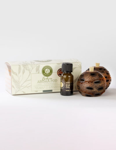 Two Banksia Aroma pods and eucalyptus oil bottle with presentation box
