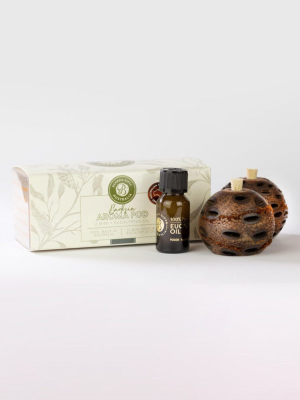 Two Banksia Aroma pods and eucalyptus oil bottle with presentation box