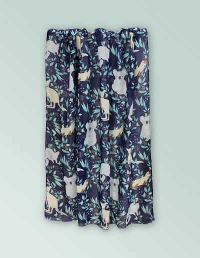 Lightweight fabric scarf in navy with Aussie animals printed on it.