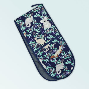 Insulated double oven mitts with an Aussie Animals pattern on the fabric and a dark navy edging..