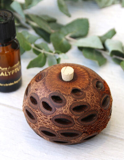 Banksia Aroma pod and eucalyptus oil bottle