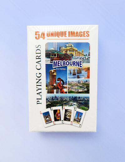 A packet of playing cards with 54 different images of Melbourne.