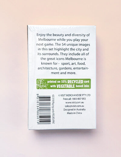 The back of a packet of playing cards with 54 different images of Melbourne.