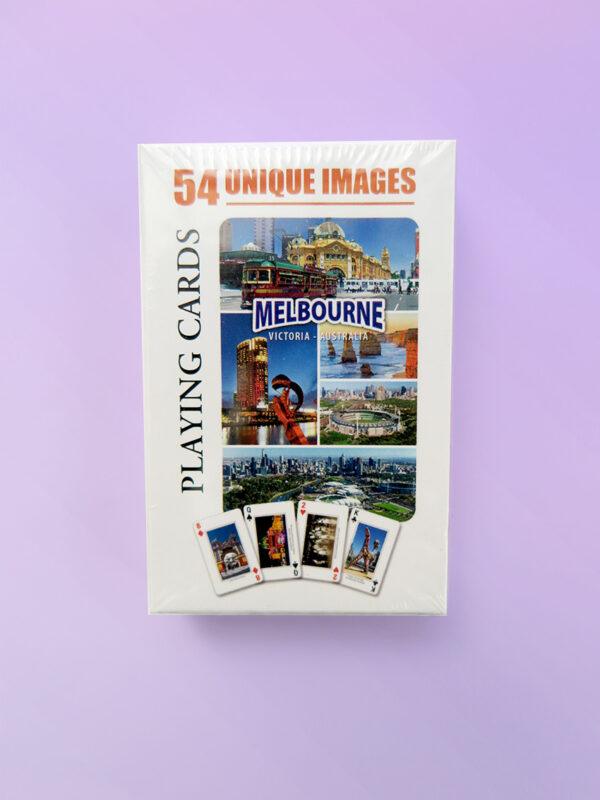 A packet of playing cards with 54 different images of Melbourne.