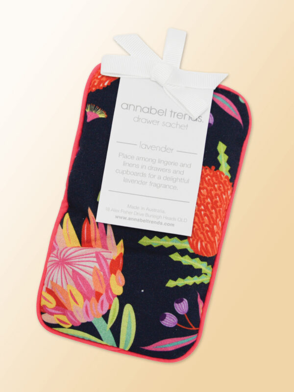 A fabric drawer sachet filled with lavender with an Aussie Flora pattern.