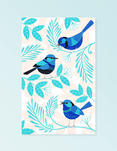 A sandy coloured cotton tea towel with Blue Wren images printed on it.