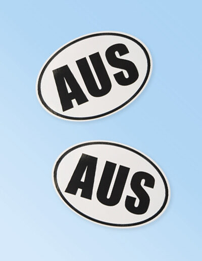 AUS sticker. Black and white
