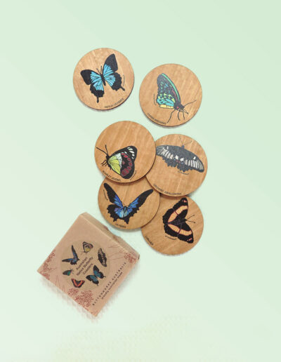 Set of six wooden coasters and their recycled cardboard presentation box. Each coaster is a different coloured butterfly.