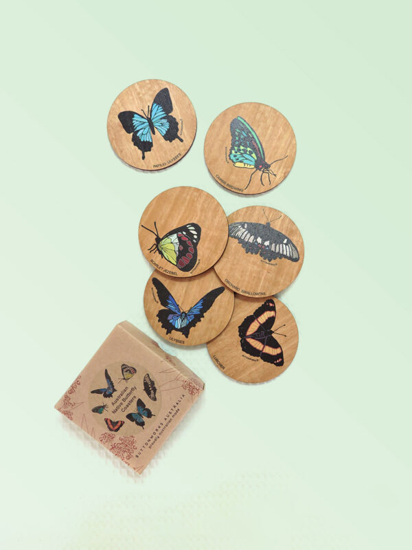 Set of six wooden coasters and their recycled cardboard presentation box. Each coaster is a different coloured butterfly.