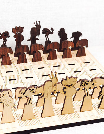 Australian Made wooden chess set made with light and dark timber.
