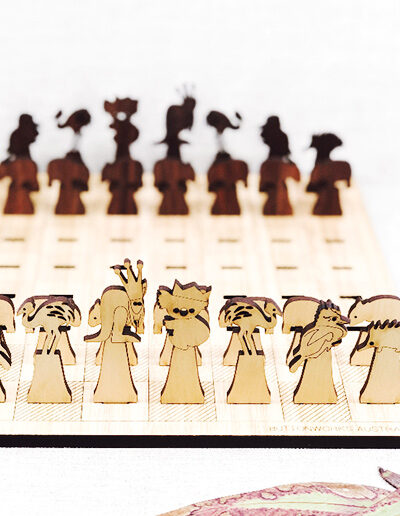 Australian Made wooden chess set made with light and dark timber.