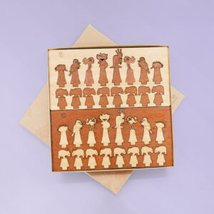 Australian Made wooden chess set made with light and dark timber. It is in its recycled cardboard presentation box