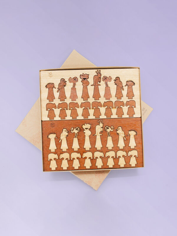Australian Made wooden chess set made with light and dark timber. It is in its recycled cardboard presentation box