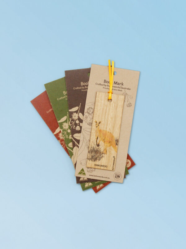 Australian made wooden coloured Kangaroo bookmark presented on recycled card