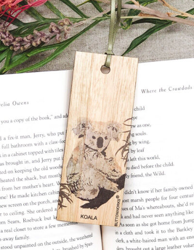 Australian made wooden coloured Koala bookmark presented on recycled card