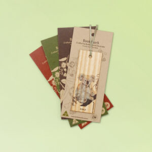 Australian made wooden coloured Koala bookmark presented on recycled card