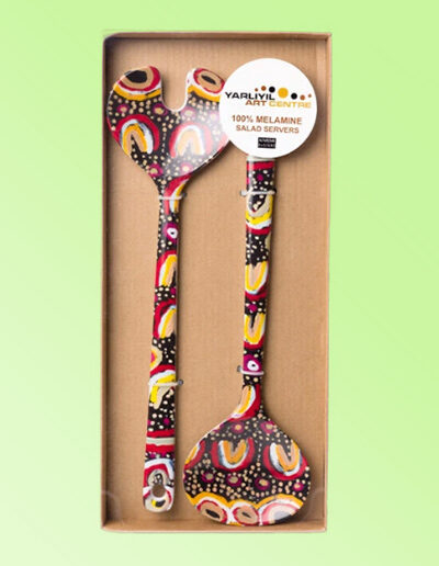 Melamine salad server set with artwork by Maggie Long printed on them. Shown here in the see through presentation box.
