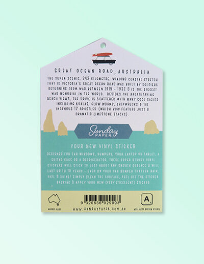 The back information and product story of this Australian Made vinyl sticker of The Great Ocean Road