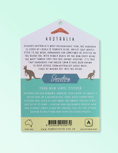 The back information and product story of this Australian Made vinyl sticker of a kangaroo