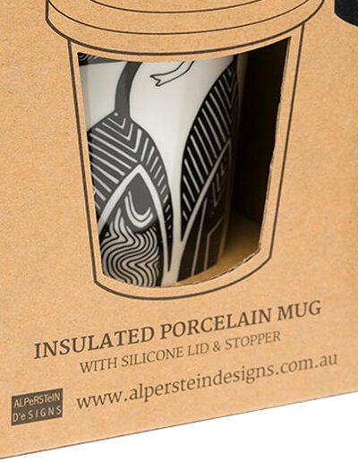 Dancing Wombat porcelain travel mug in cardboard presentation box