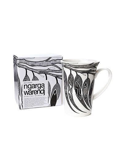 Dancing Wombat porcelain mug with matching black and white presentation box