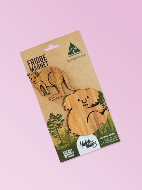 Kangaroo and koala shaped magnet two pack presented on recycled card.