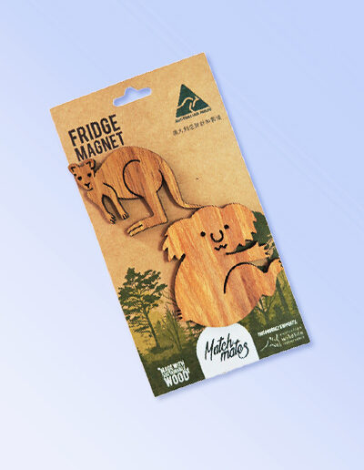 Kangaroo and koala shaped magnet two pack presented on recycled card.