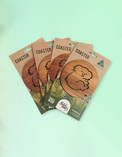 Wooden Koala round coasters on a recycled card for presentation