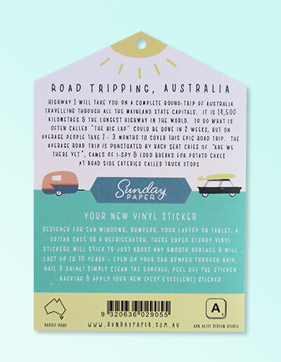 The back information and product story of this Australian Made vinyl sticker of Road Tripping