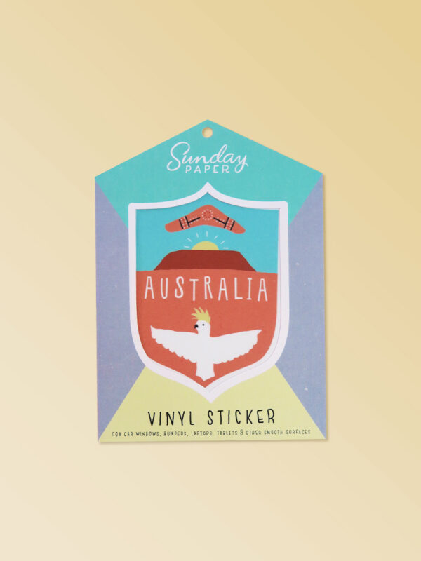 Australian Made vinyl sticker of Australia featuring Ulura, a cockatoo and a boomerang. A simple cute design sticker in a nice card flat package