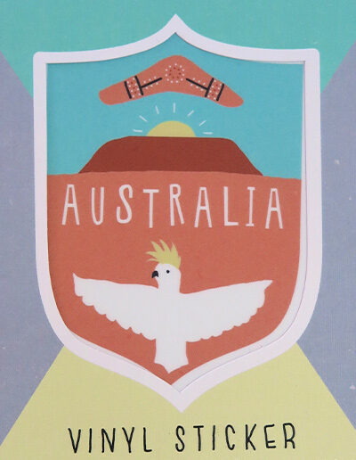 Australian Made vinyl sticker of Australia featuring Ulura, a cockatoo and a boomerang. A simple cute design sticker in a nice card flat package