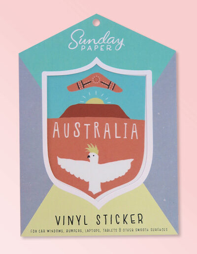 Australian Made vinyl sticker of Australia featuring Ulura, a cockatoo and a boomerang. A simple cute design sticker in a nice card flat package