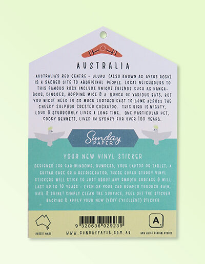 The back information and product story of this Australian Made vinyl sticker of a Outback Australia