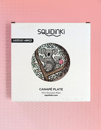 Koala in a Gum Tree design porcelain canape plate by Squidinki in its presentation box.
