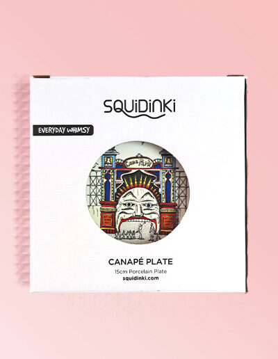 Luna Park design porcelain canape plate by Squidinki in its presentation box