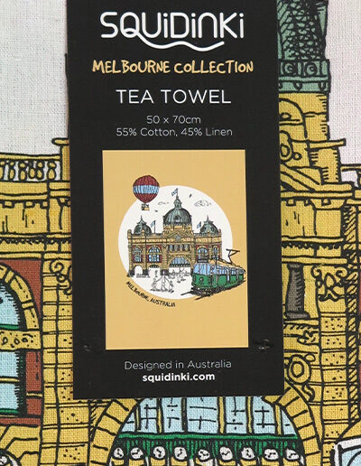 Printed cotton tea towel with the image of Melbournes Flinders Street Station and City Circle Tram