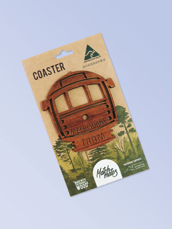 A wooden Melbourne Tram shape coaster on a recycled card for presentation