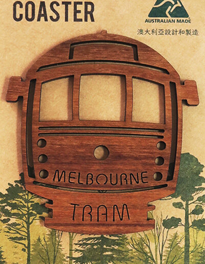 A wooden Melbourne Tram shape coaster on a recycled card for presentation