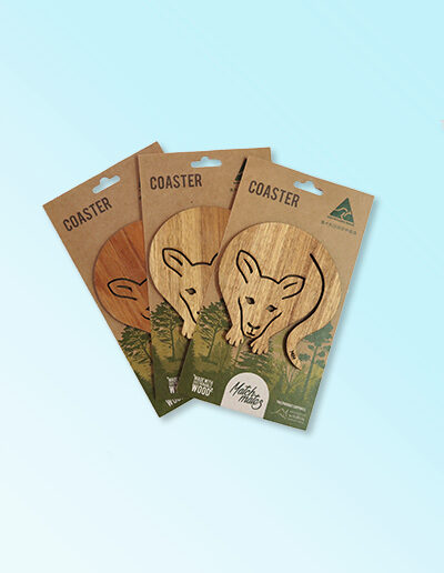Wooden kangaroo shape coasters on a recycled card for presentation