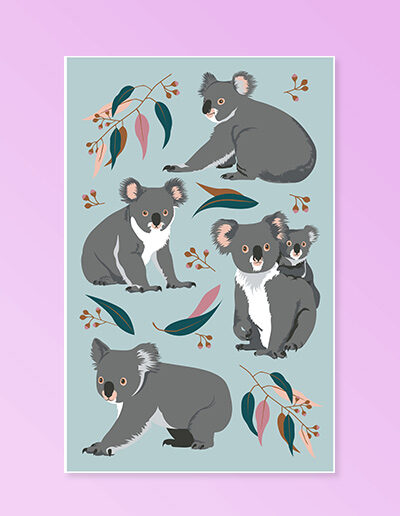 A light blue cotton tea towel with Koala images printed on it.