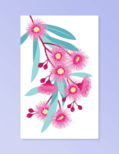 A white cotton tea towel with a large pink flowering gum print on it.