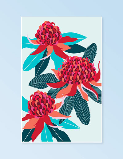 A pale blue cotton tea towel with a large red Waratah print on it.