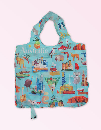 Foldable strong shopping bag printed with illustrations of Australian icons. Made with polyester.