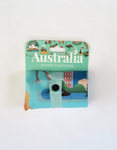Foldable strong shopping bag printed with illustrations of Australian icons. Made with polyester. This image shows how small it folds.