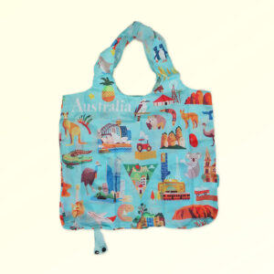Foldable strong shopping bag printed with illustrations of Australian icons. Made with polyester.