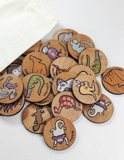 Wooden Australian Wildlife memory game. 24 round wooden discs with pairs of 12 different Australian animals.