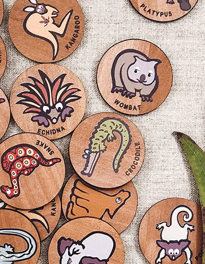 Wooden Australian Wildlife memory game. 24 round wooden discs with pairs of 12 different Australian animals.