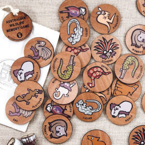 Wooden Australian Wildlife memory game. 24 round wooden discs with pairs of 12 different Australian animals.