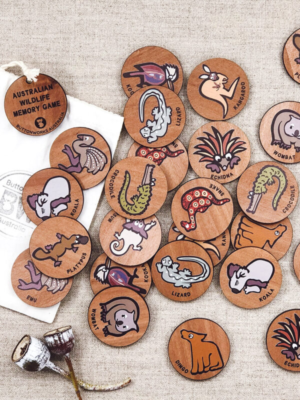 Wooden Australian Wildlife memory game. 24 round wooden discs with pairs of 12 different Australian animals.