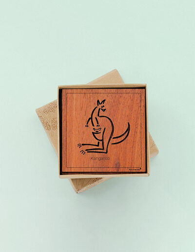 Set of six wooden square coasters and their recycled cardboard presentation box. Each coaster is a different animal. They are Emu, Koala, Wombat, Platypus, Kangaroo and Possum